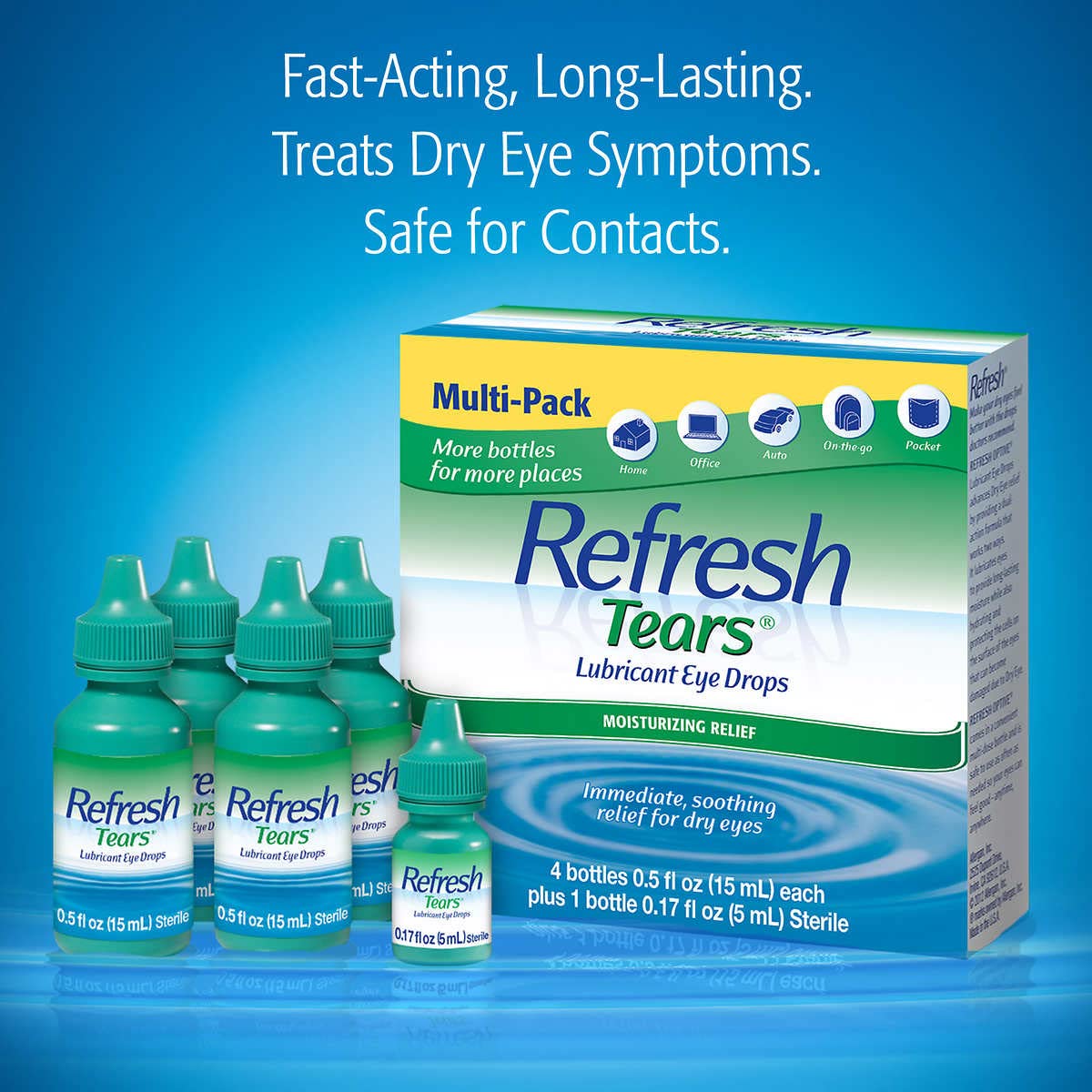 Clear Refresh Tears solution demonstrated for daily eye comfort during tasks.