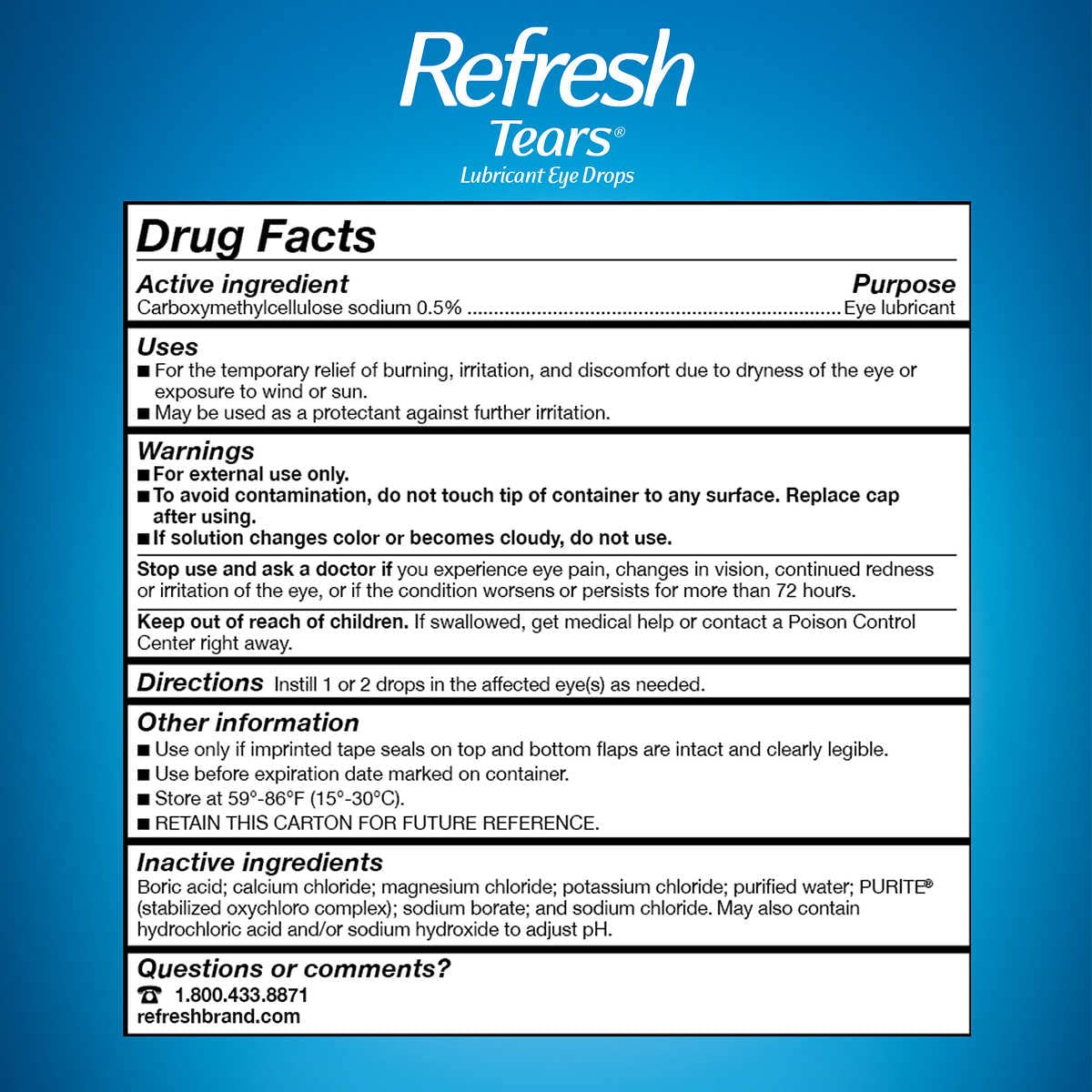 Close-up of Refresh Tears label highlighting hydration and protection.