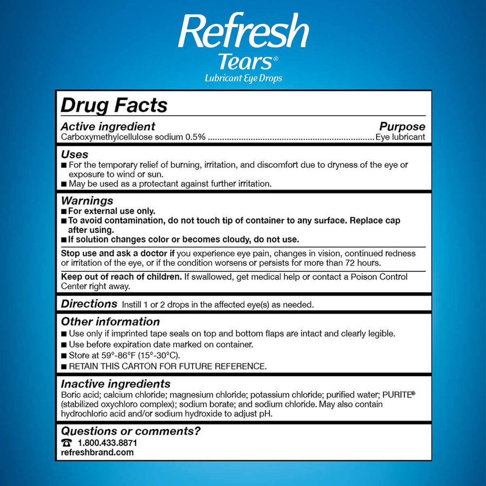 Close-up of Refresh Tears label highlighting hydration and protection.