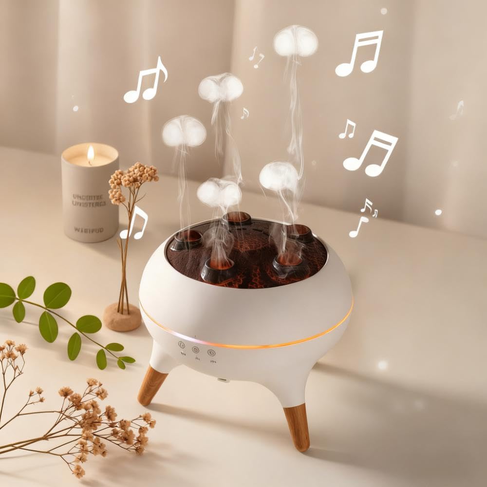 REGINEXT Mushroom Cloud diffuser front view with white sphere and wood legs for decor.