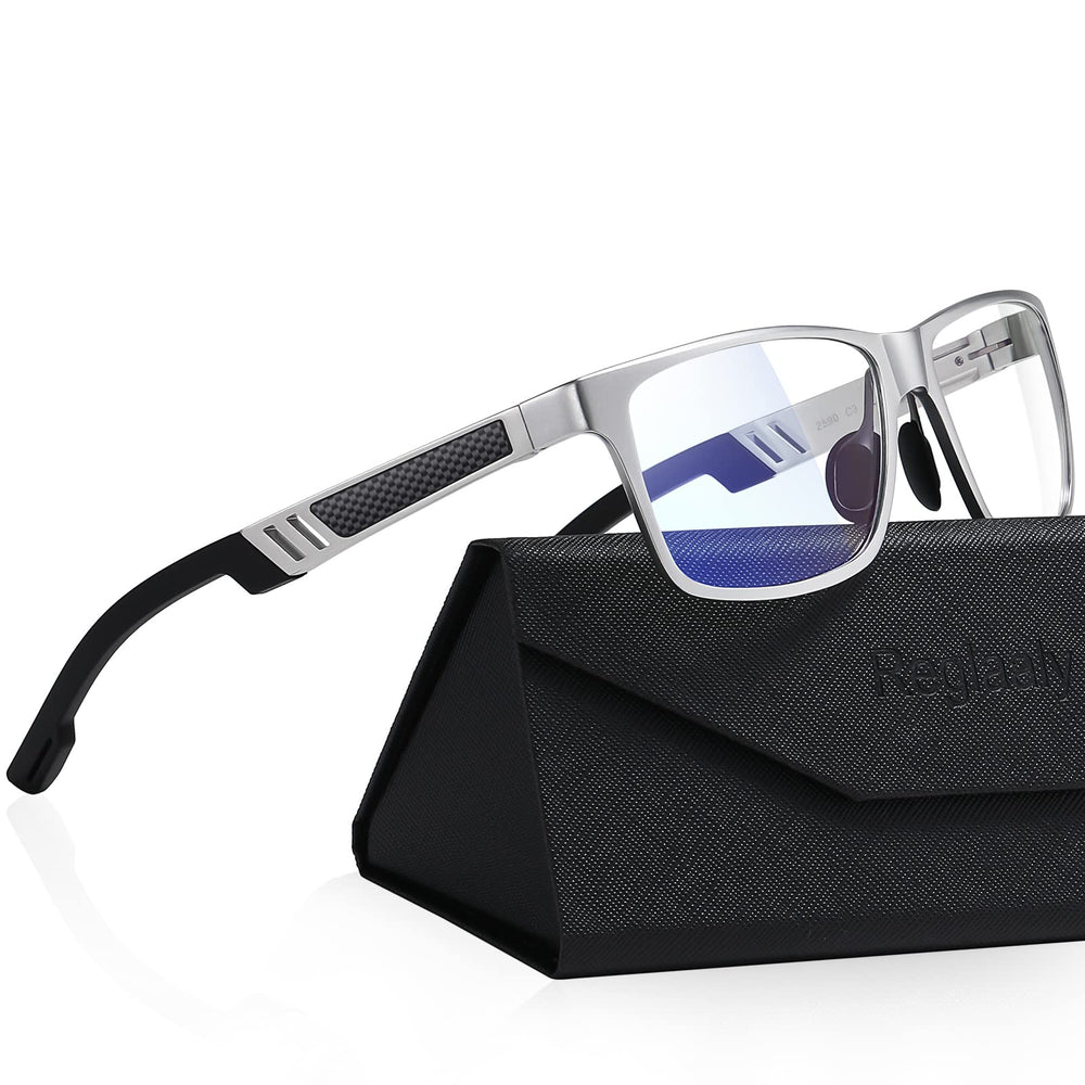 Reglaaly blue light blocking glasses with silver frame reduce eye strain during long screen sessions.