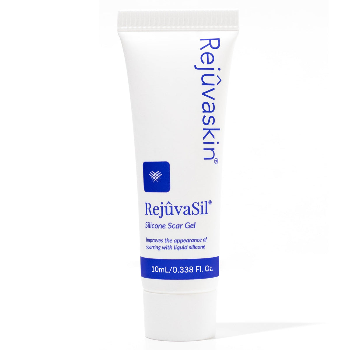 RejuvaSil bottle and gel application demonstrates quick-dry scar care on skin.