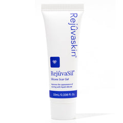 RejuvaSil bottle and gel application demonstrates quick-dry scar care on skin.