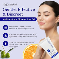 RejuvaSil gel tube applied to scar during daily scar care routine.