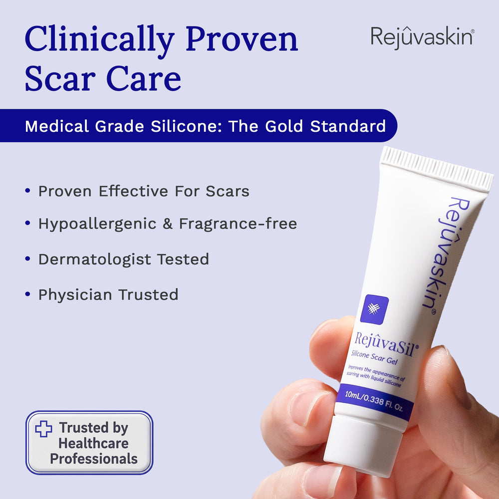RejuvaSil scar gel suggests soothing relief from itchiness during healing.