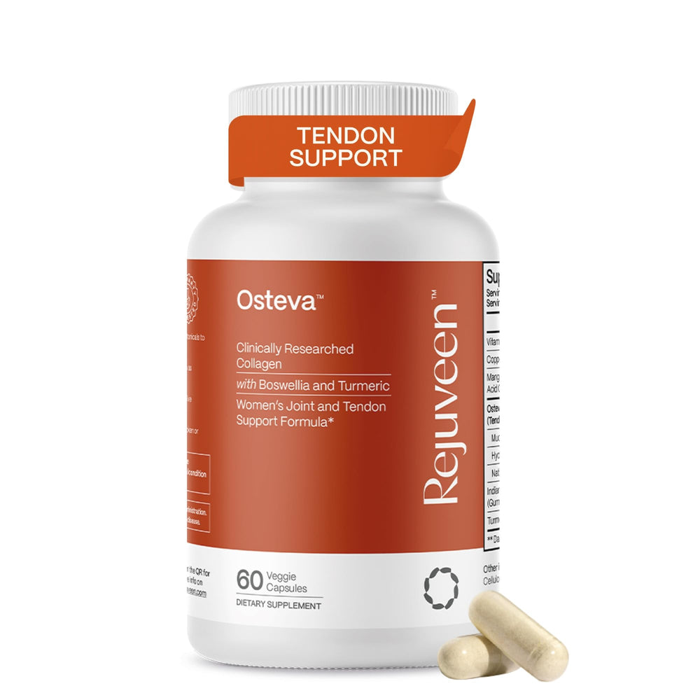 Rejuveen Osteva bottle with turmeric capsules supporting joint comfort.