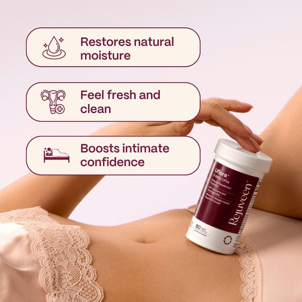 Rejuveen Uflora capsules closeup demonstrates 12 billion CFU vaginal probiotic potency