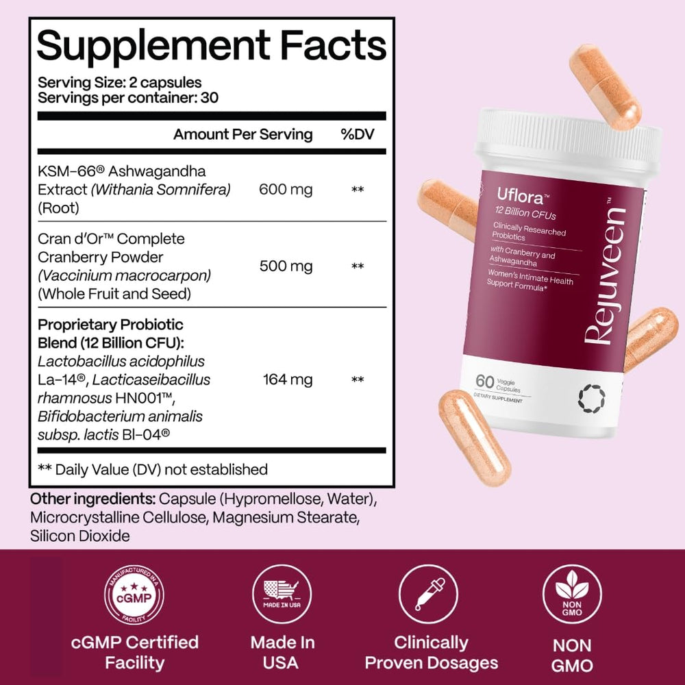 Rejuveen Uflora bottle closeup emphasizes cranberry extract for urinary wellness