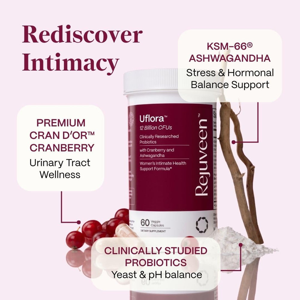 Rejuveen Uflora packaging hero shows 60-count bottle for intimate health