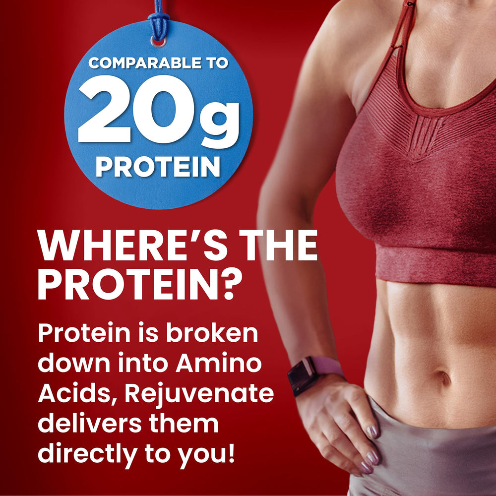 Rejuvenate vegan EAA BCAA stick shown pre/post workout benefits and clean mix.