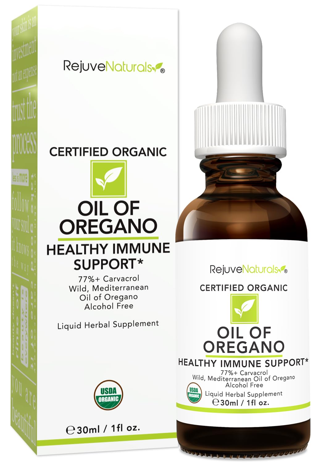 RejuveNaturals Oil of Oregano bottle with olive oil base for daily wellness.