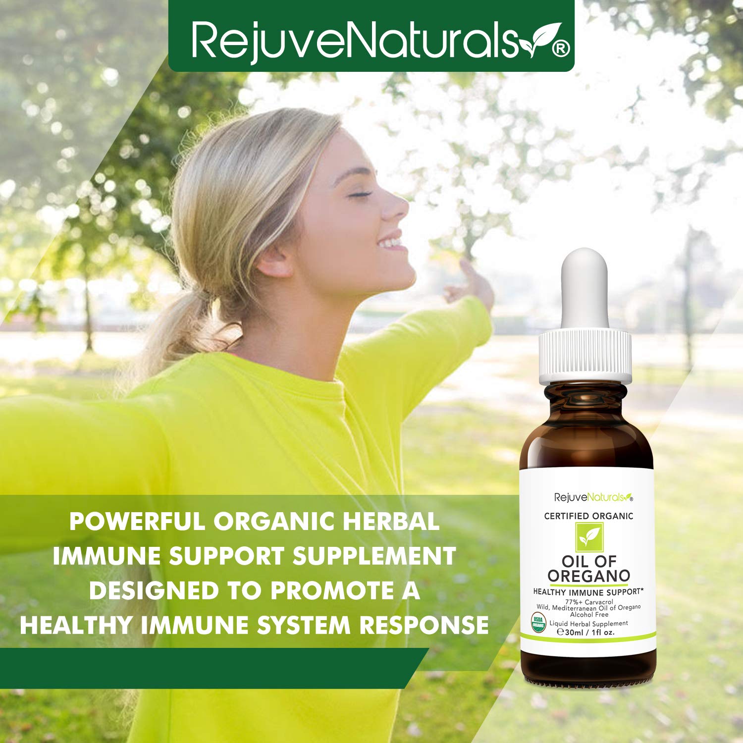 RejuveNaturals oregano oil dropper for convenient daily use.