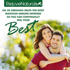 RejuveNaturals oil of oregano label close-up showing organic quality.