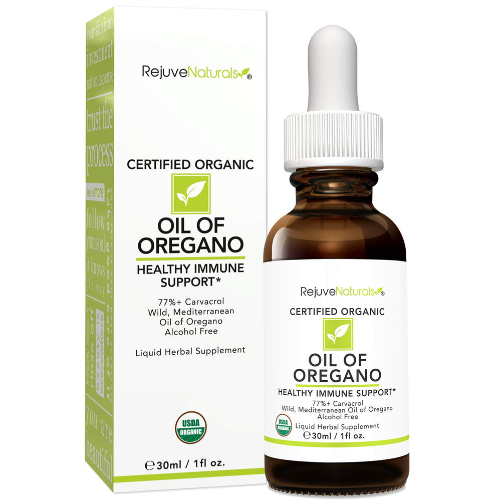 RejuveNaturals oil of oregano packaging on shelf for handy access.