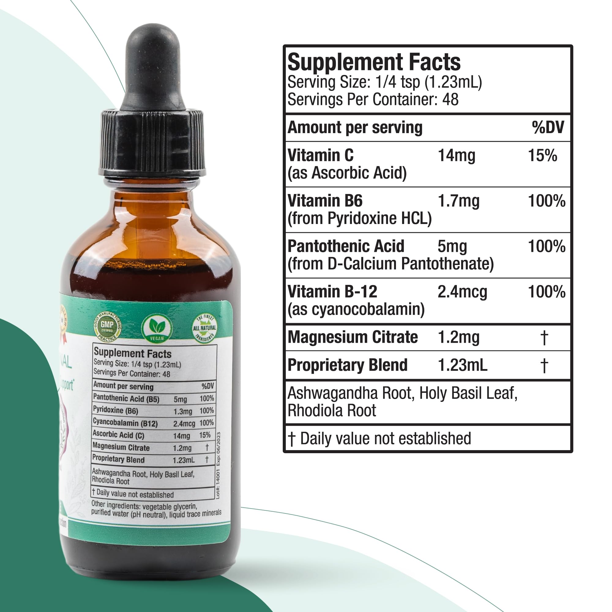 Rejuvica Health Active Adrenal ingredients, organic and wildcrafted quality.