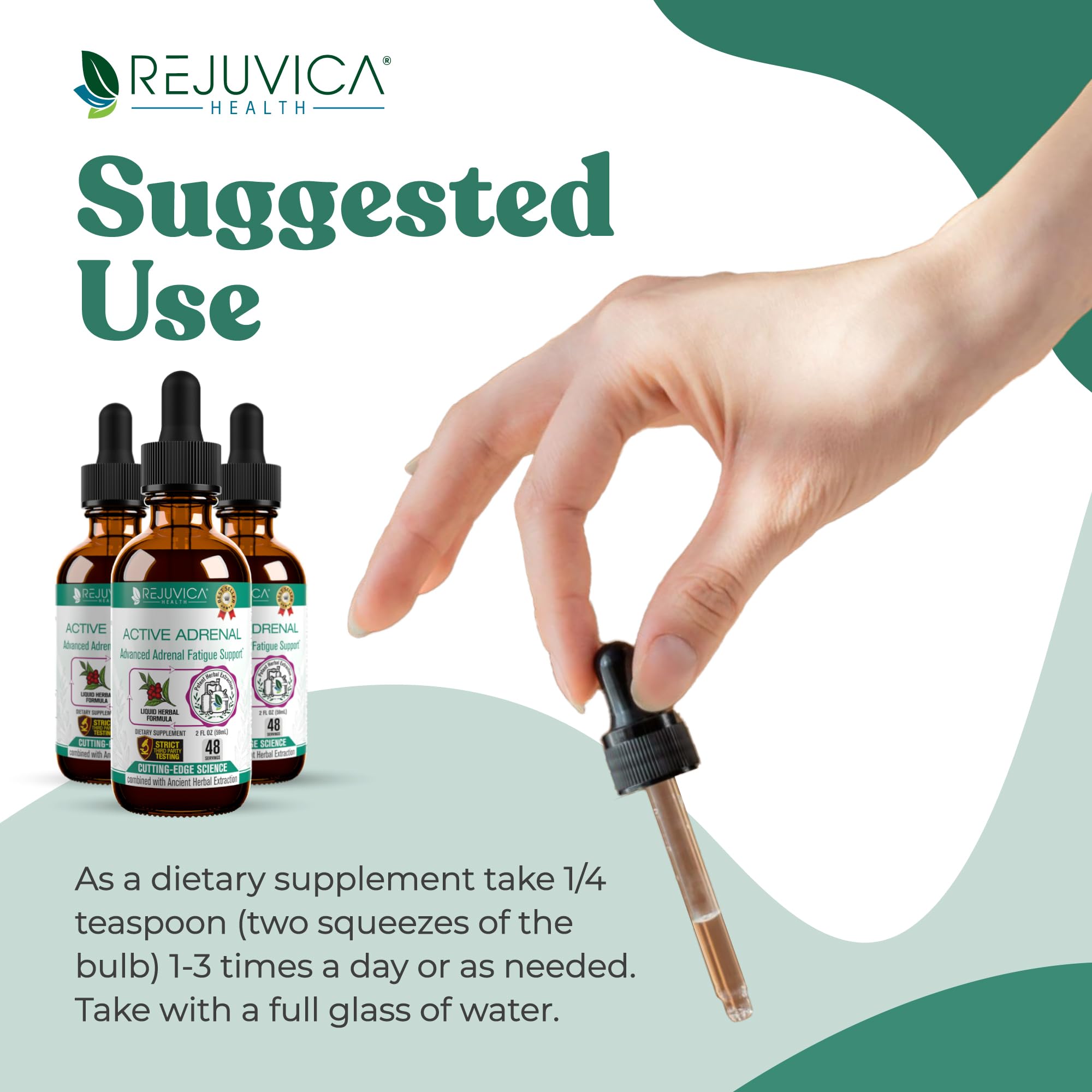 Rejuvica Health Active Adrenal label close-up, premium herbal blend identity.