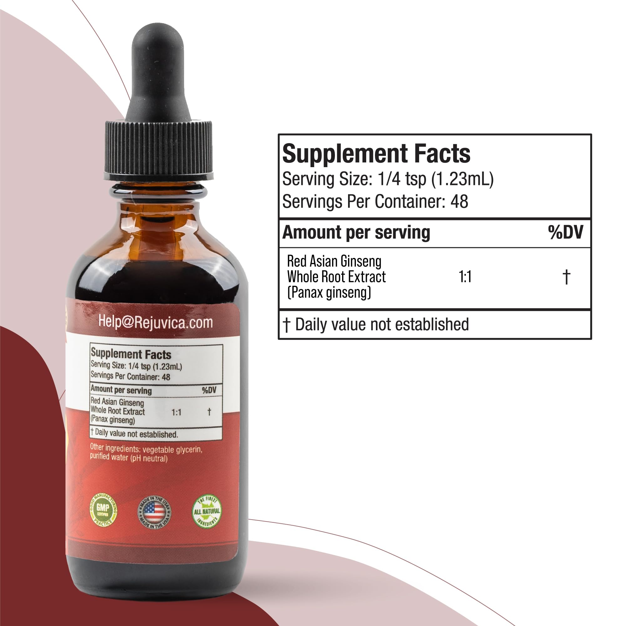 Rejuvica Health Active Ginseng alcohol-free liquid formula illustration.