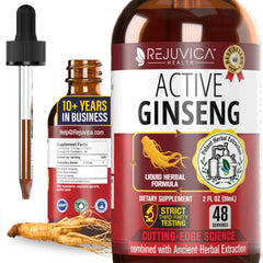 Rejuvica Health Active Ginseng bottle and dropper for easy tongue-dosed use.