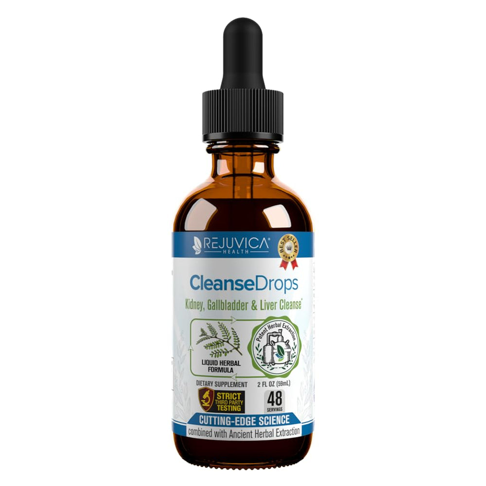 Rejuvica Health Cleanse Drops bottle front, convenient daily use for supported kidney and gallbladder wellness.
