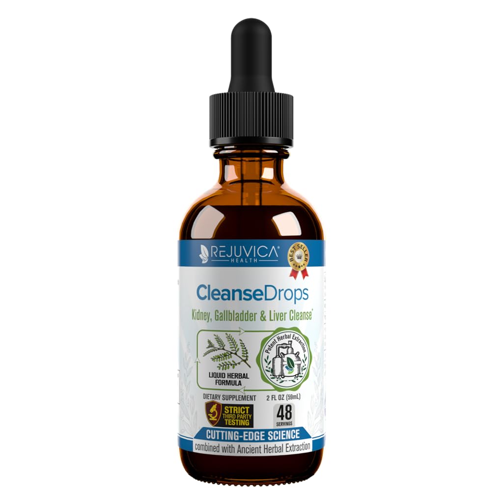 Rejuvica Health Cleanse Drops bottle front, convenient daily use for supported kidney and gallbladder wellness.
