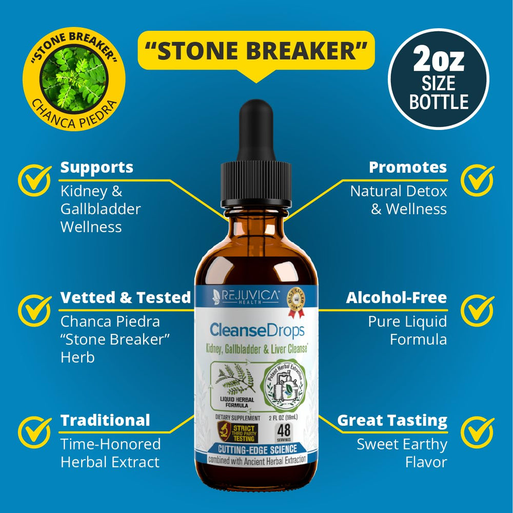 Rejuvica Health Cleanse Drops bottle pour showing quick-dosing in water or juice.