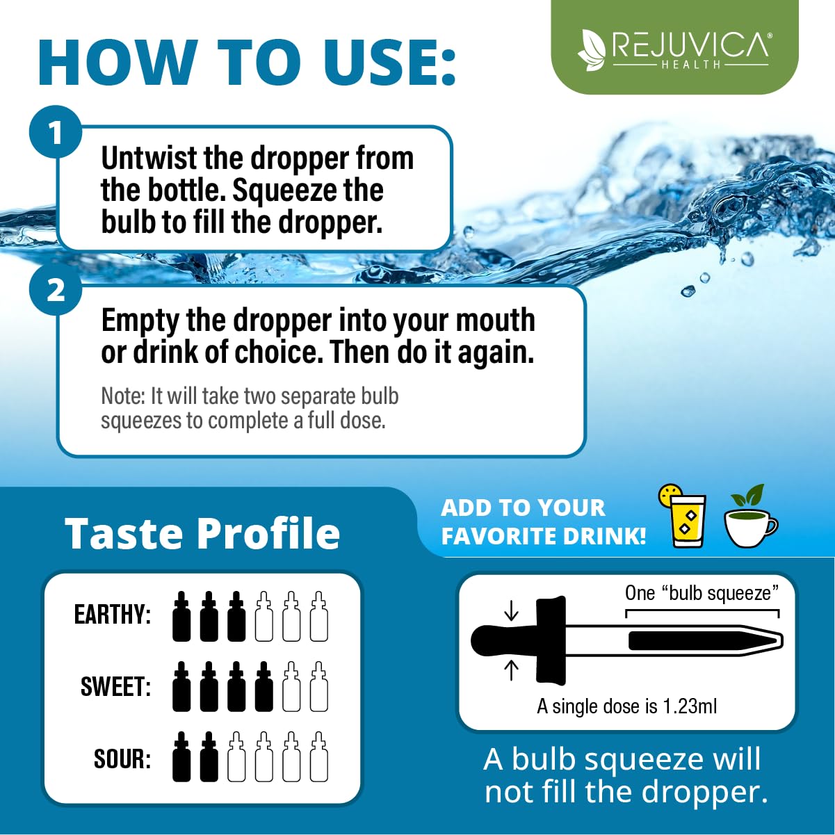 Rejuvica Health Cleanse Drops in-use with glass, easy drops in water during routine.
