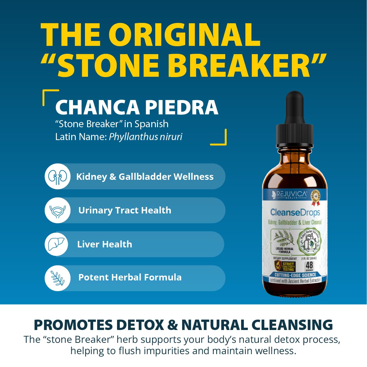 Rejuvica Health Cleanse Drops amber liquid highlighting alcohol-free formula for fast absorption.