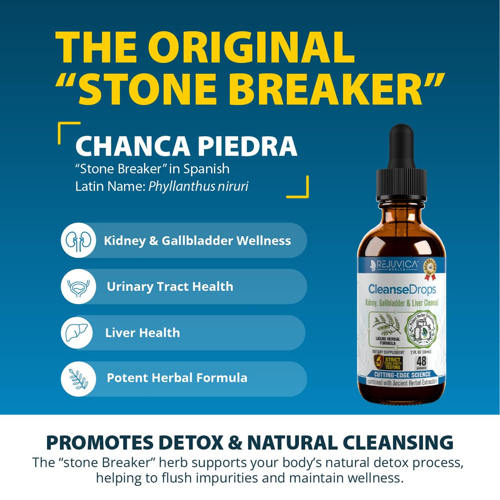 Rejuvica Health Cleanse Drops amber liquid highlighting alcohol-free formula for fast absorption.