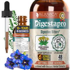 Rejuvica DigestaPro bottle with dropper for on-the-go digestion support.
