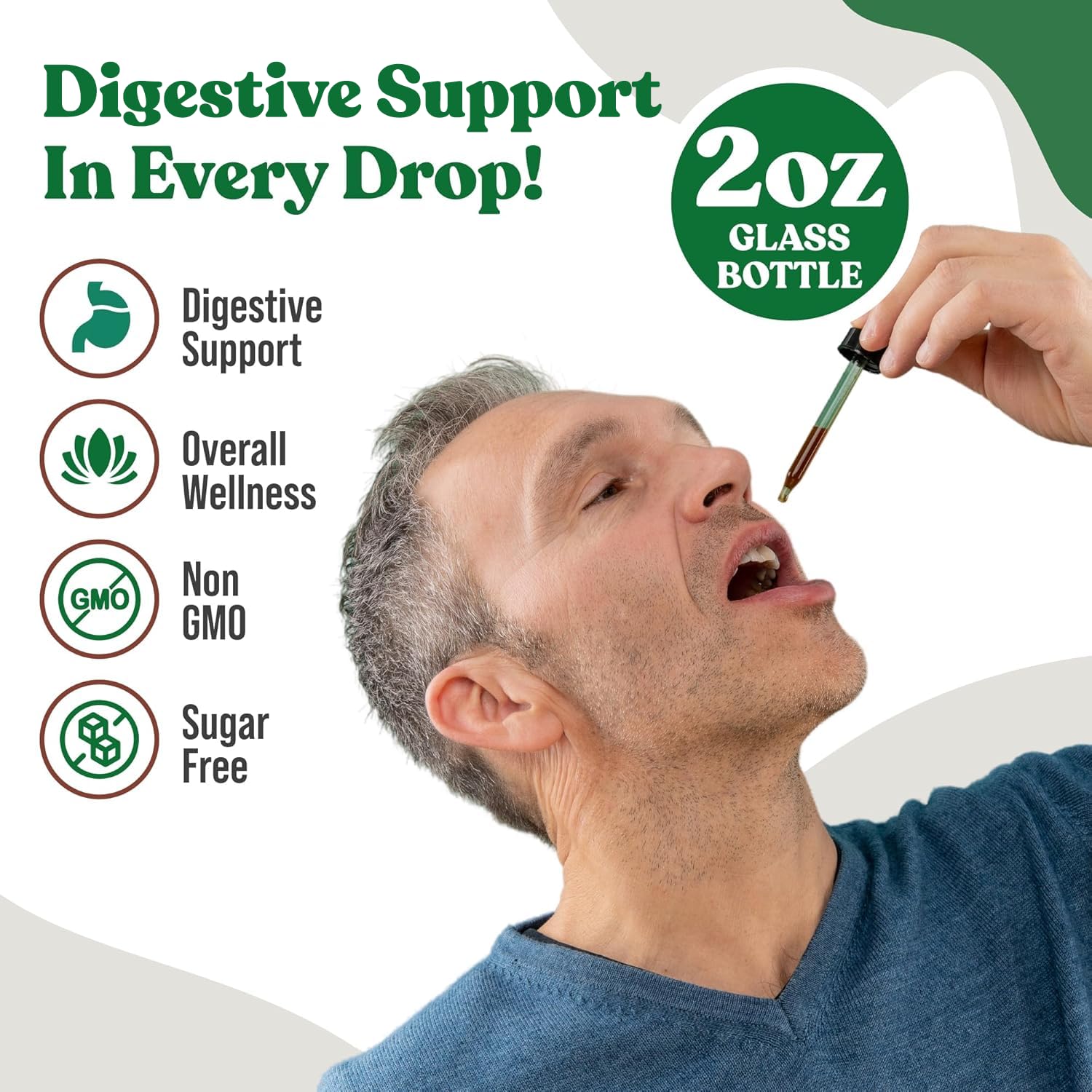 Glass with DigestaPro drops beside the bottle, ready for daily use.