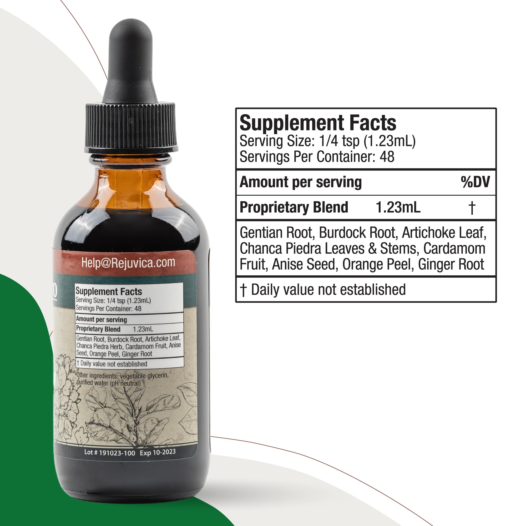 Herbal ingredients illustration paired with DigestaPro bottle.