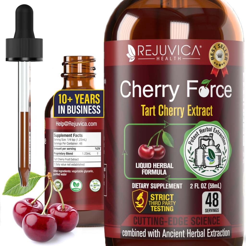 Rejuvica Health Cherry Force bottle on a clean surface, easy-to-take liquid supplement.