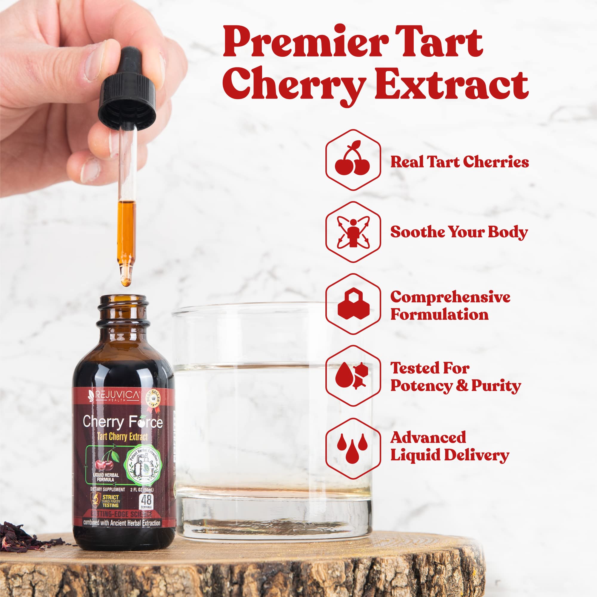 Rejuvica Health Cherry Force dropper releasing liquid for fast absorption.
