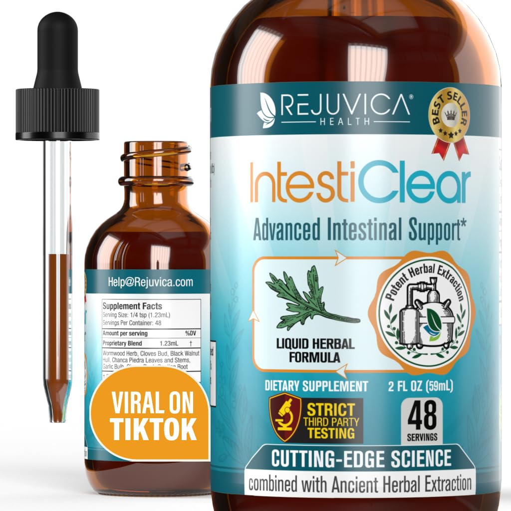 Rejuvica Health IntestiClear bottle front showing easy-to-use liquid formula.