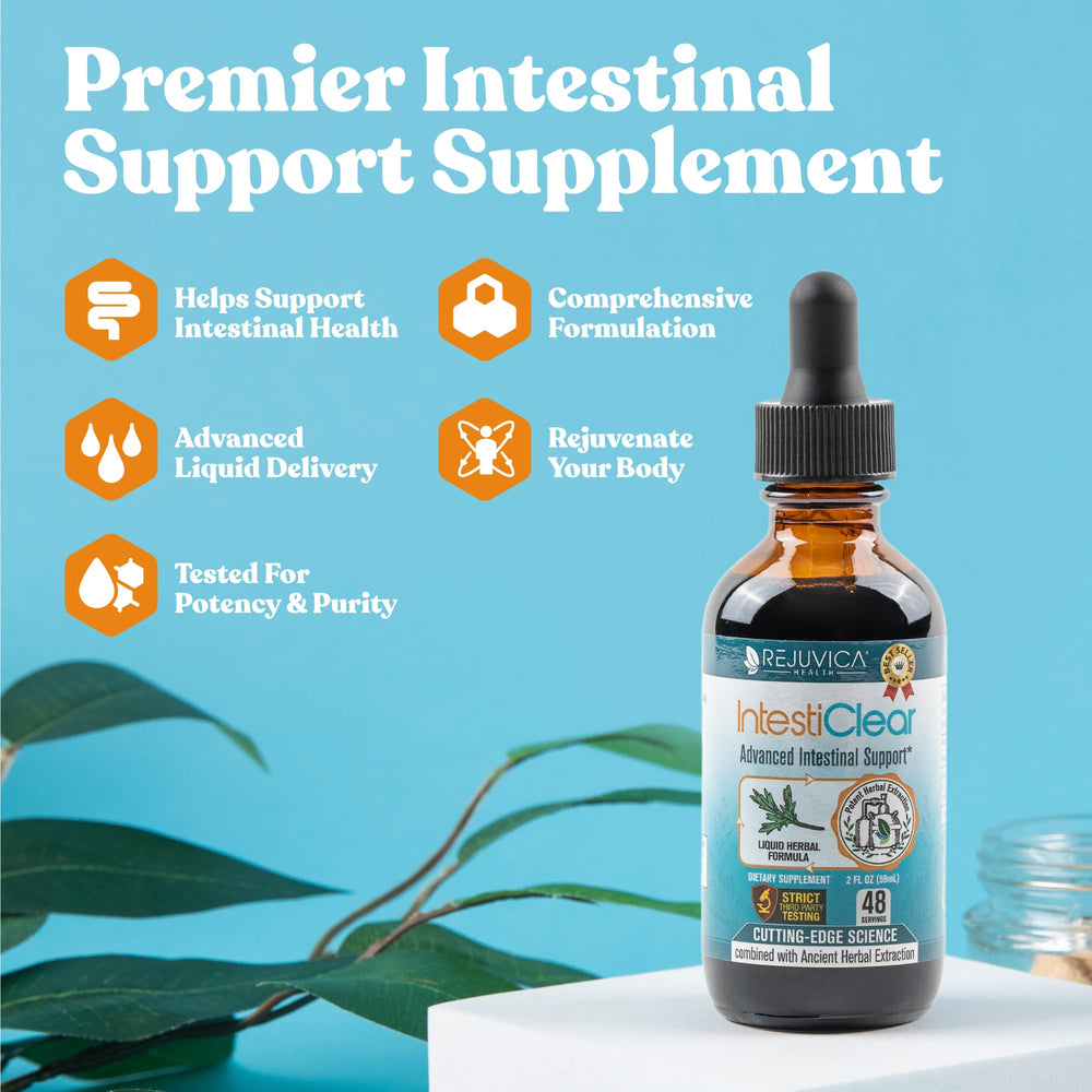 Rejuvica Health IntestiClear dropper bottle in action for convenient dosing.