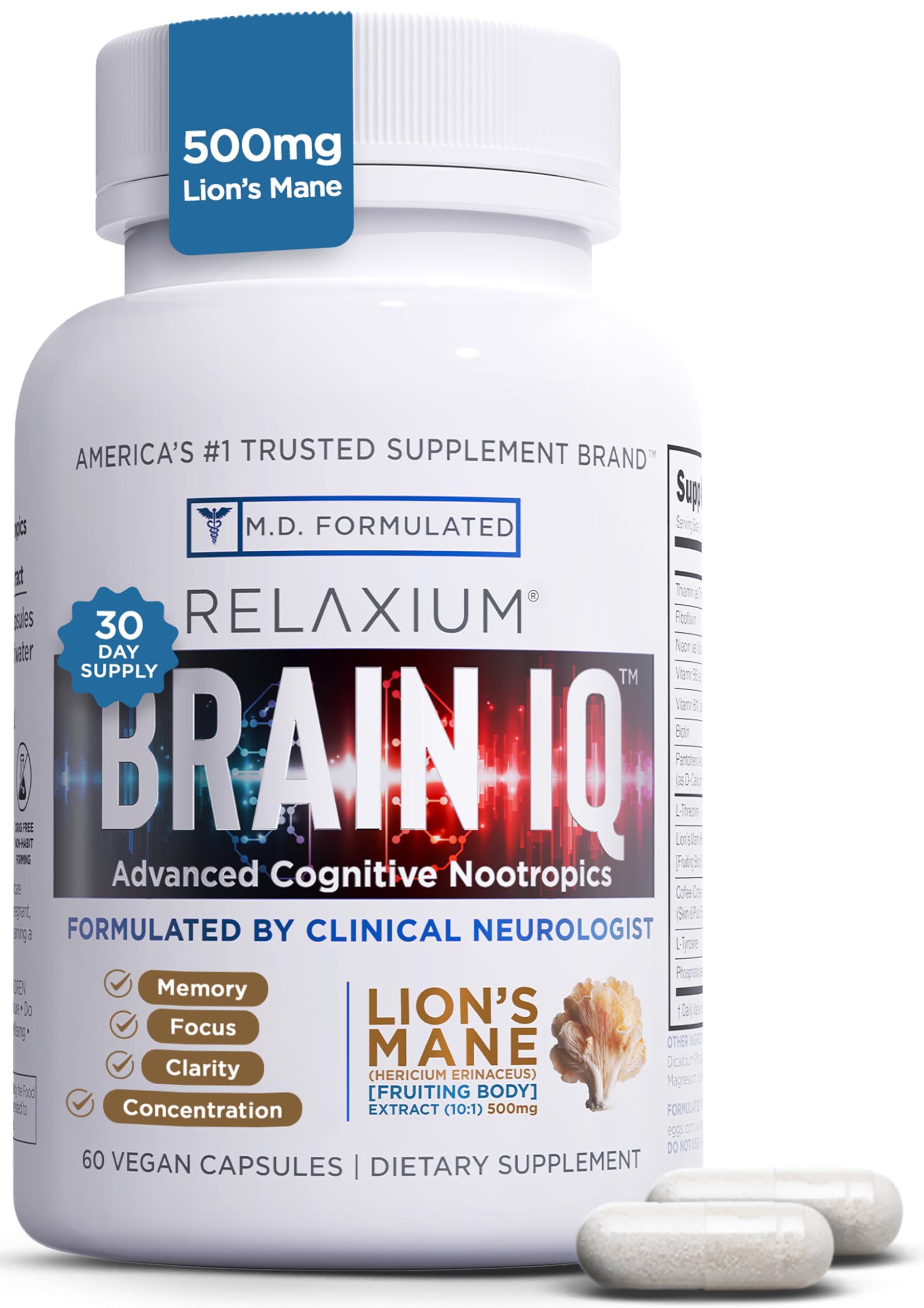 Relaxium BrainIQ bottle front view highlights memory support during focus-heavy tasks.