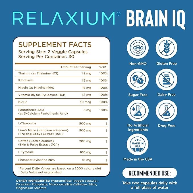Relaxium BrainIQ capsules close-up showing easy-to-swallow soft capsules for daily cognitive support.