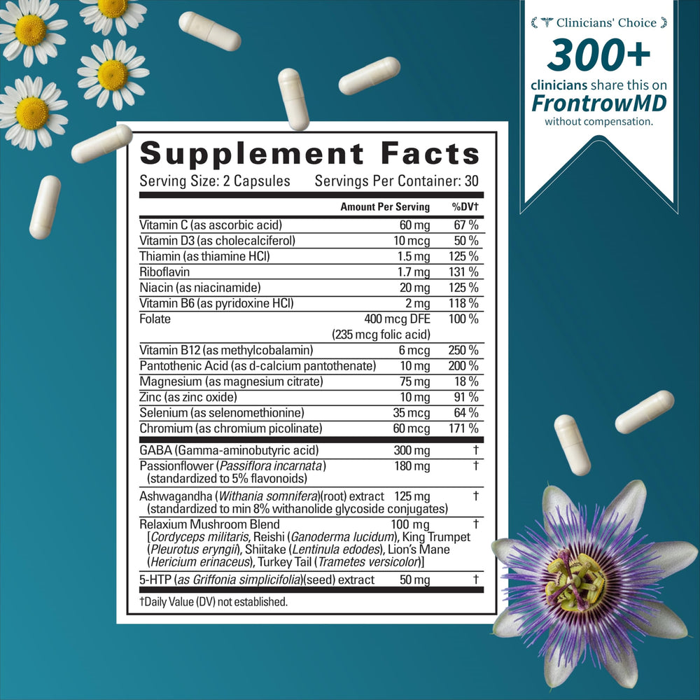 Relaxium Calm capsules displayed on a white background indicate non-habit forming mood support.