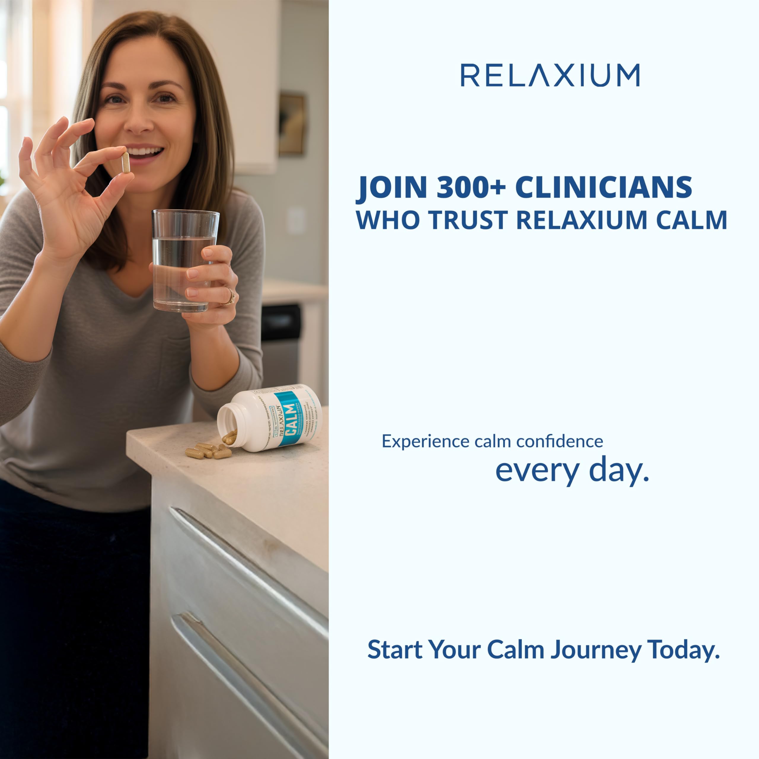 Relaxium Calm bottle shows mushroom blend on label for natural mood support.