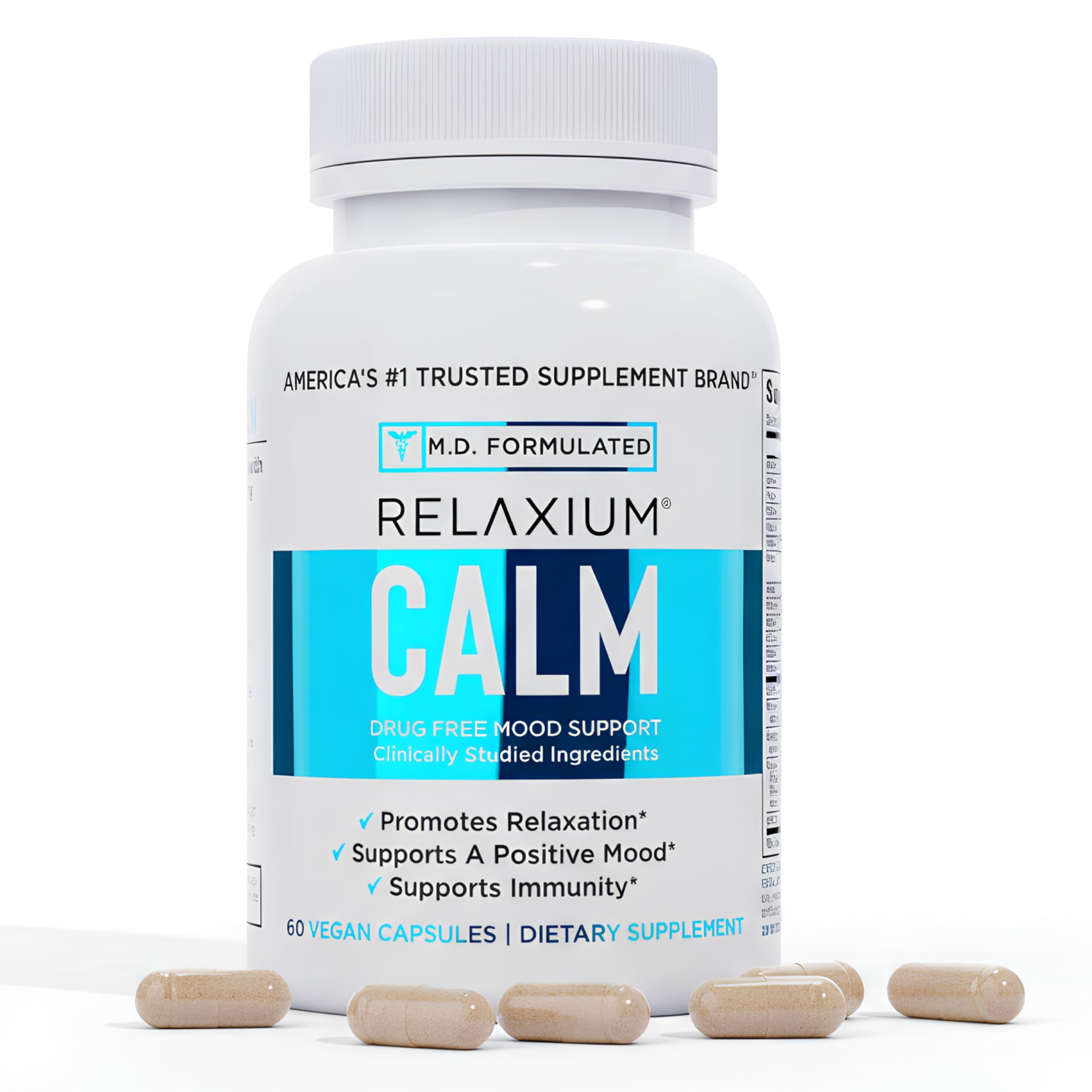 Relaxium Calm bottle with capsules supports daily stress management and mood balance.