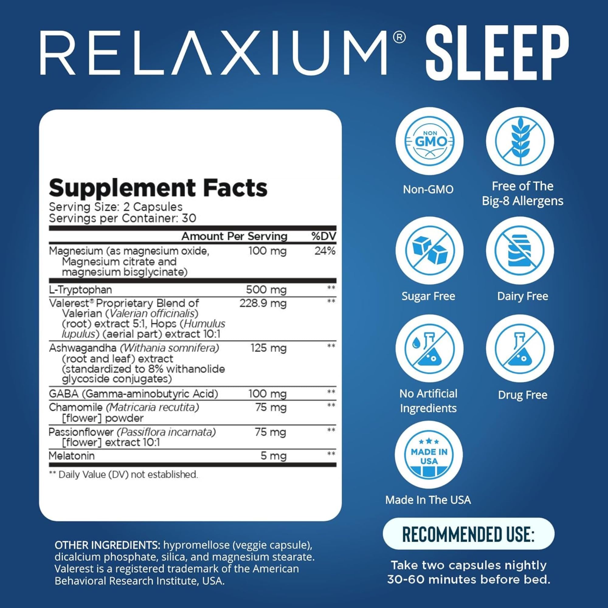 Relaxium Sleep Aid capsules displayed for easy nightly use.