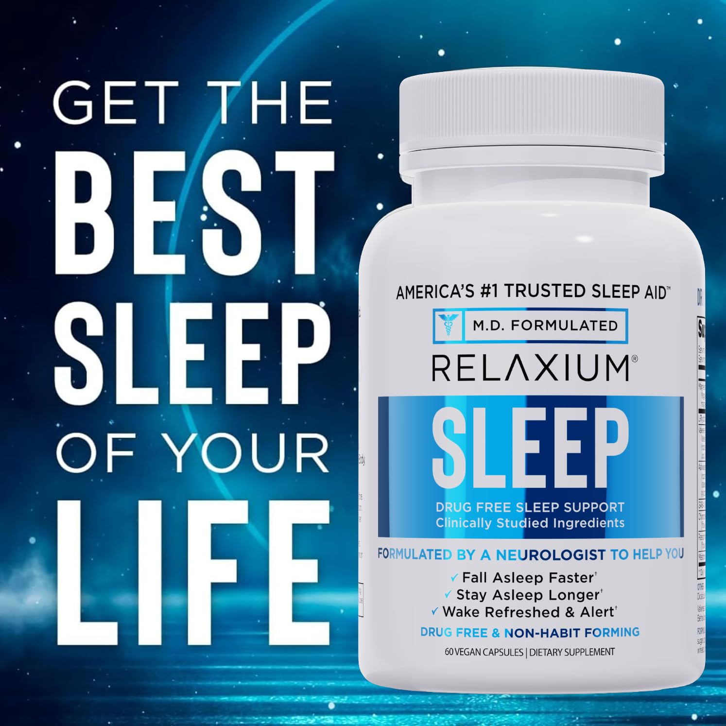 Relaxium Sleep Aid with water glass, convenient bedtime routine.