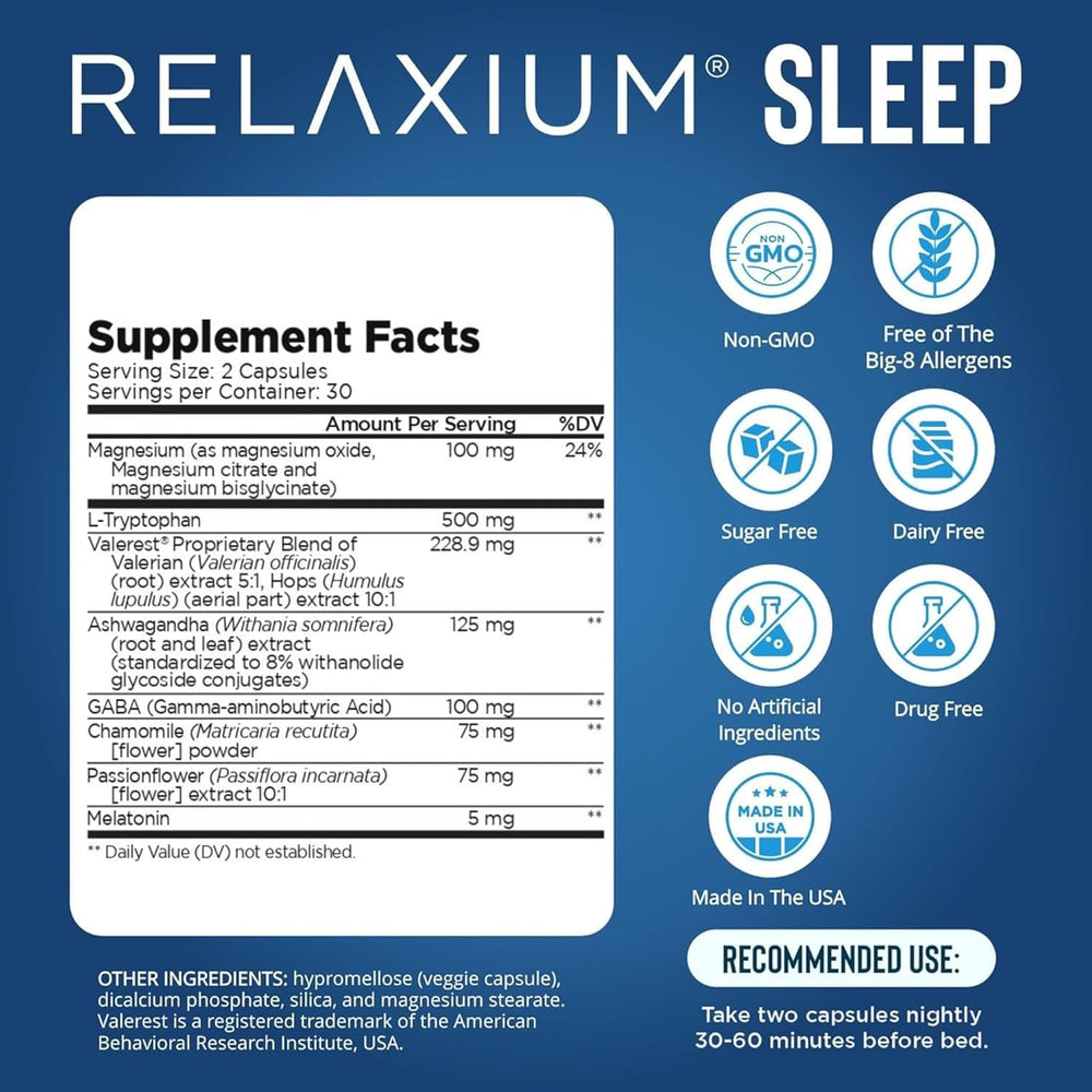 Relaxium Sleep Aid with magnesium glycinate promotes relaxed muscles before bed