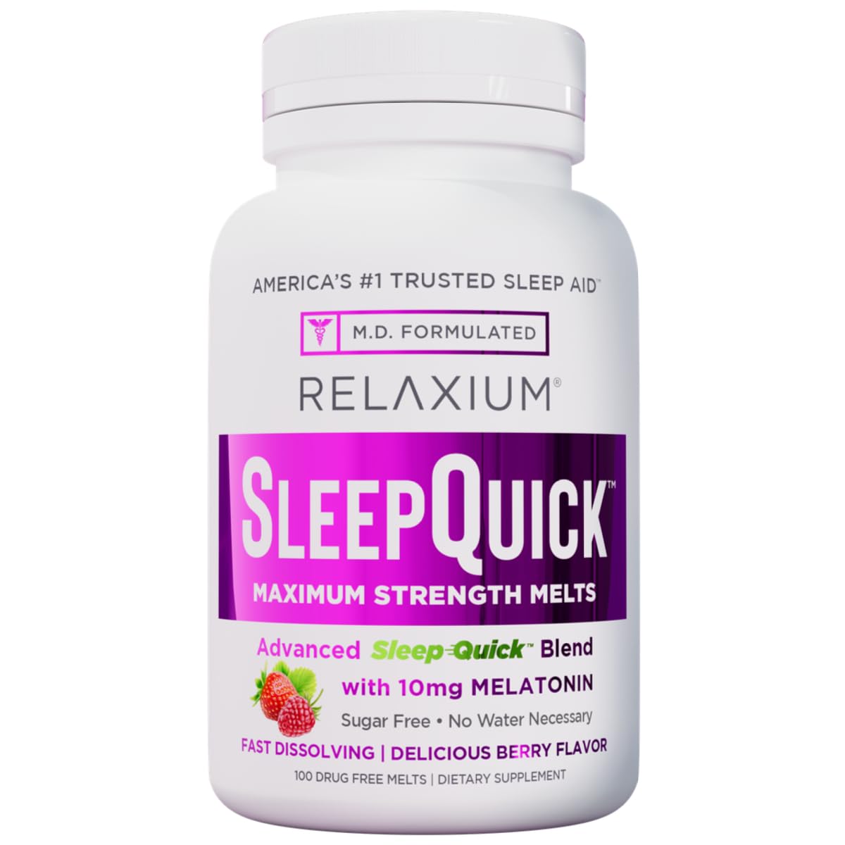 Relaxium Sleep Quick Melts berry bottle demonstrates fast-acting, sugar-free sleep support.
