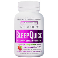 Relaxium Sleep Quick Melts berry bottle demonstrates fast-acting, sugar-free sleep support.