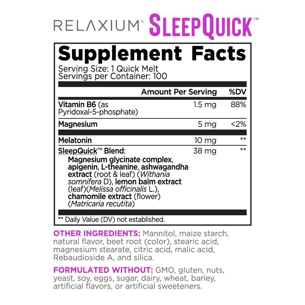 Relaxium Sleep Quick Melts berry packaging highlights 100 servings and vegan formula.