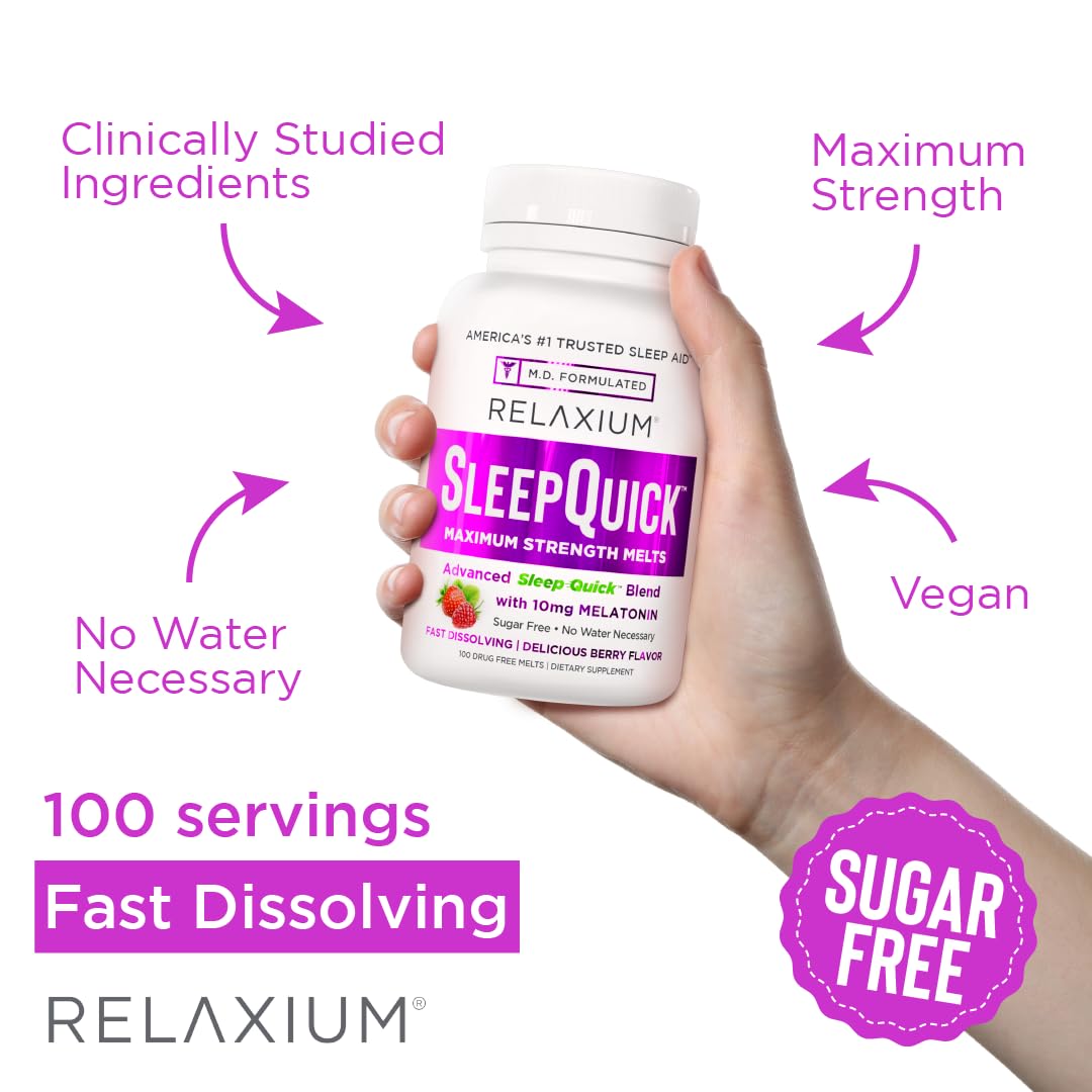 Relaxium Sleep Quick Melts ingredients panel highlights magnesium and botanicals.