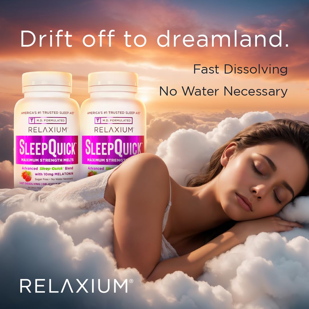 Relaxium Sleep Quick Melts night-time routine idea image illustrates use before bed.