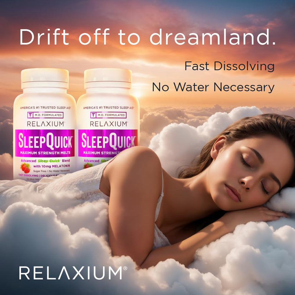 Relaxium Sleep Quick Melts night-time routine idea image illustrates use before bed.
