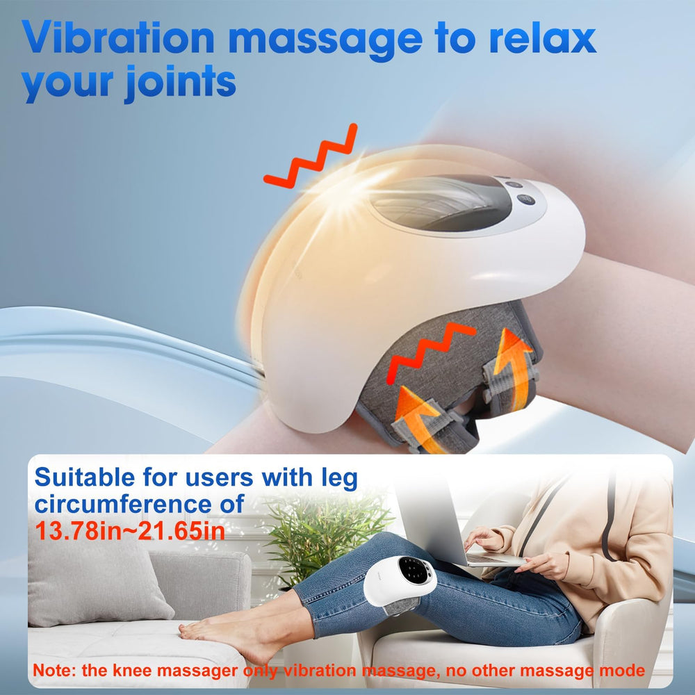 RELAXYO cordless knee massager promoting portable use at home, office, or travel.